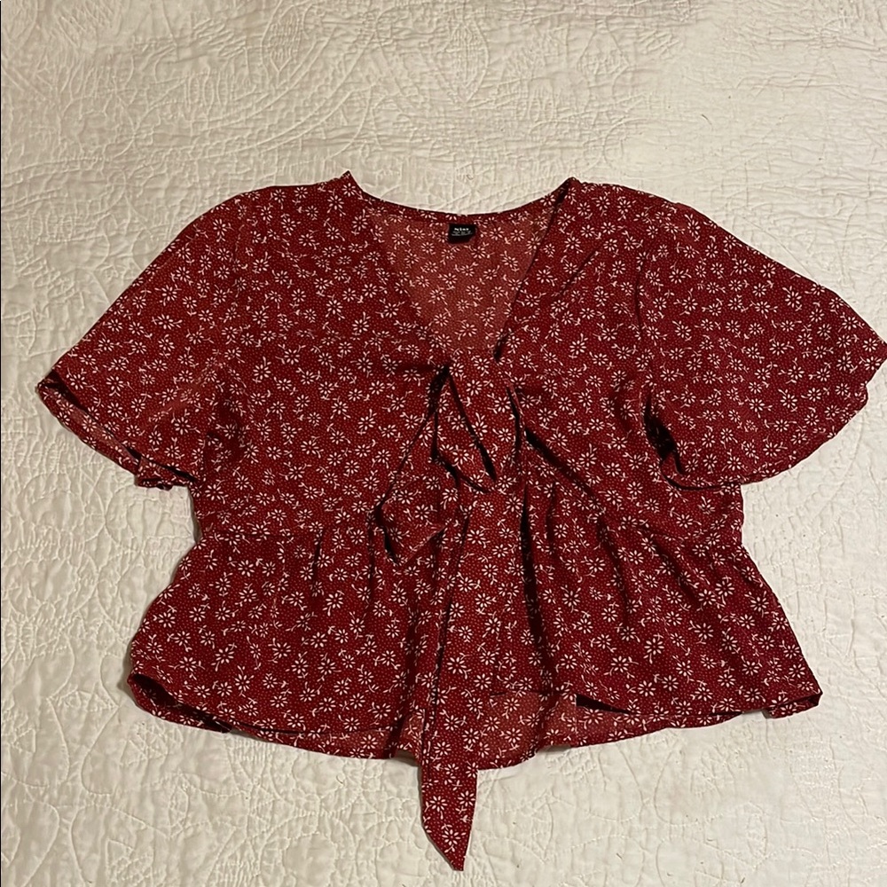 Deep Red Floral Blouse with Tie in Front